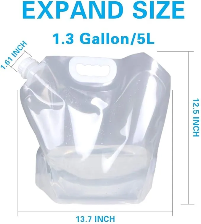 1.3 Gallon Collapsible Water Container Bag, BPA Free Food Grade Clear Plastic Storage Jug for Sport Camping Riding Mountaineer,Freezable,Food Grade (1.3 Gal, 2-pack)