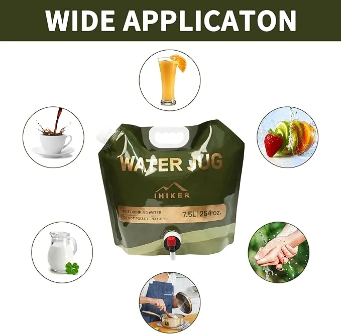 2 Pcs Collapsible Water Storage, 1.98 Gallon Collapsible Water Jug Plastic Camping Water Container for Outdoors Hiking Traveling, Premium Foldable Portable Emergency Water Bag - BPA Free Food Grade
