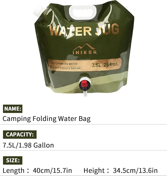 2 Pcs Collapsible Water Storage, 1.98 Gallon Collapsible Water Jug Plastic Camping Water Container for Outdoors Hiking Traveling, Premium Foldable Portable Emergency Water Bag - BPA Free Food Grade