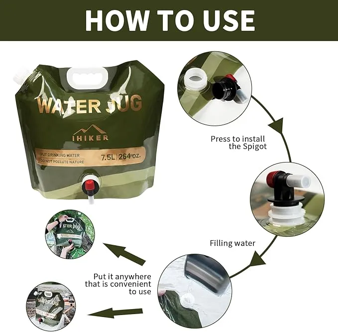 2 Pcs Collapsible Water Storage, 1.98 Gallon Collapsible Water Jug Plastic Camping Water Container for Outdoors Hiking Traveling, Premium Foldable Portable Emergency Water Bag - BPA Free Food Grade
