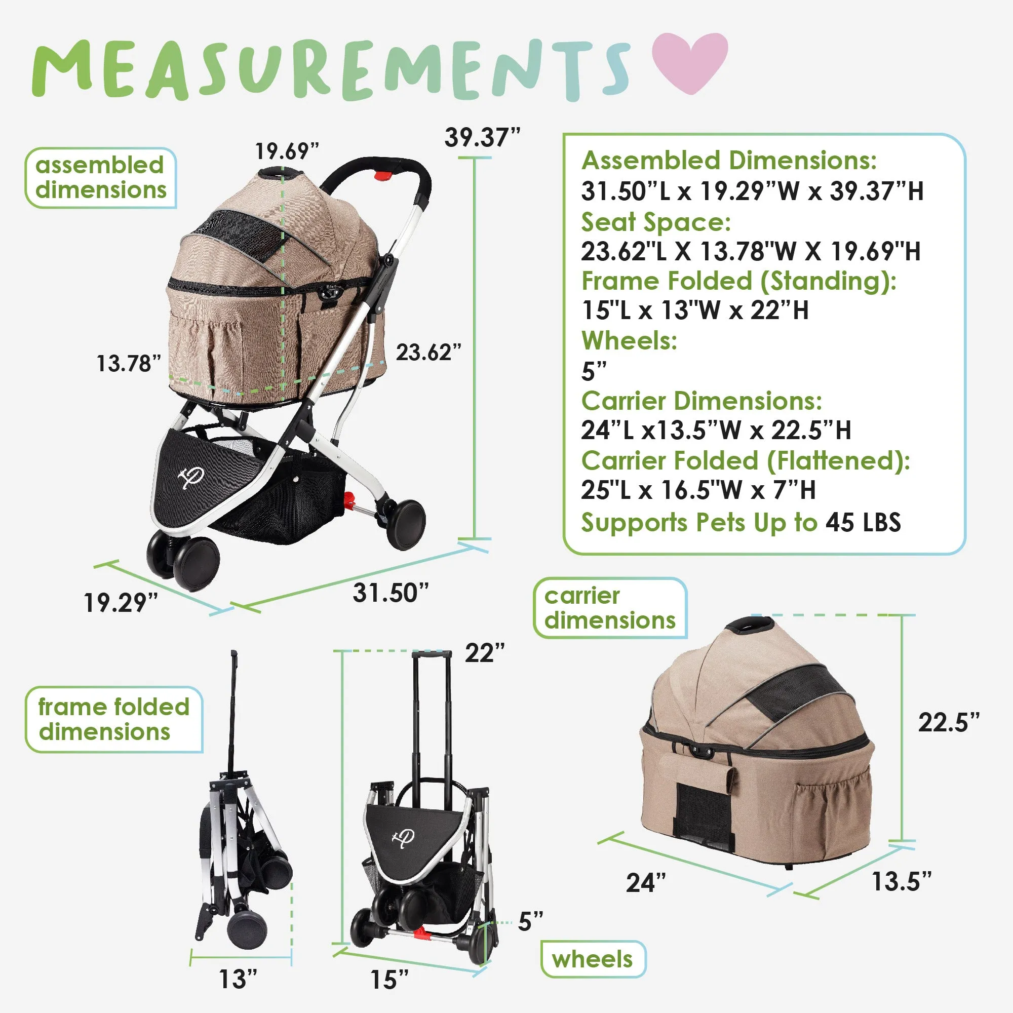3-in-1 Newport Pet Stroller (Travel Carrier   Car Seat   Stroller), Easy Trifold/Unfold, 360º Front Rotating Wheel, Small/Medium Dogs, Cats and Pets, Supports up to 45LBS