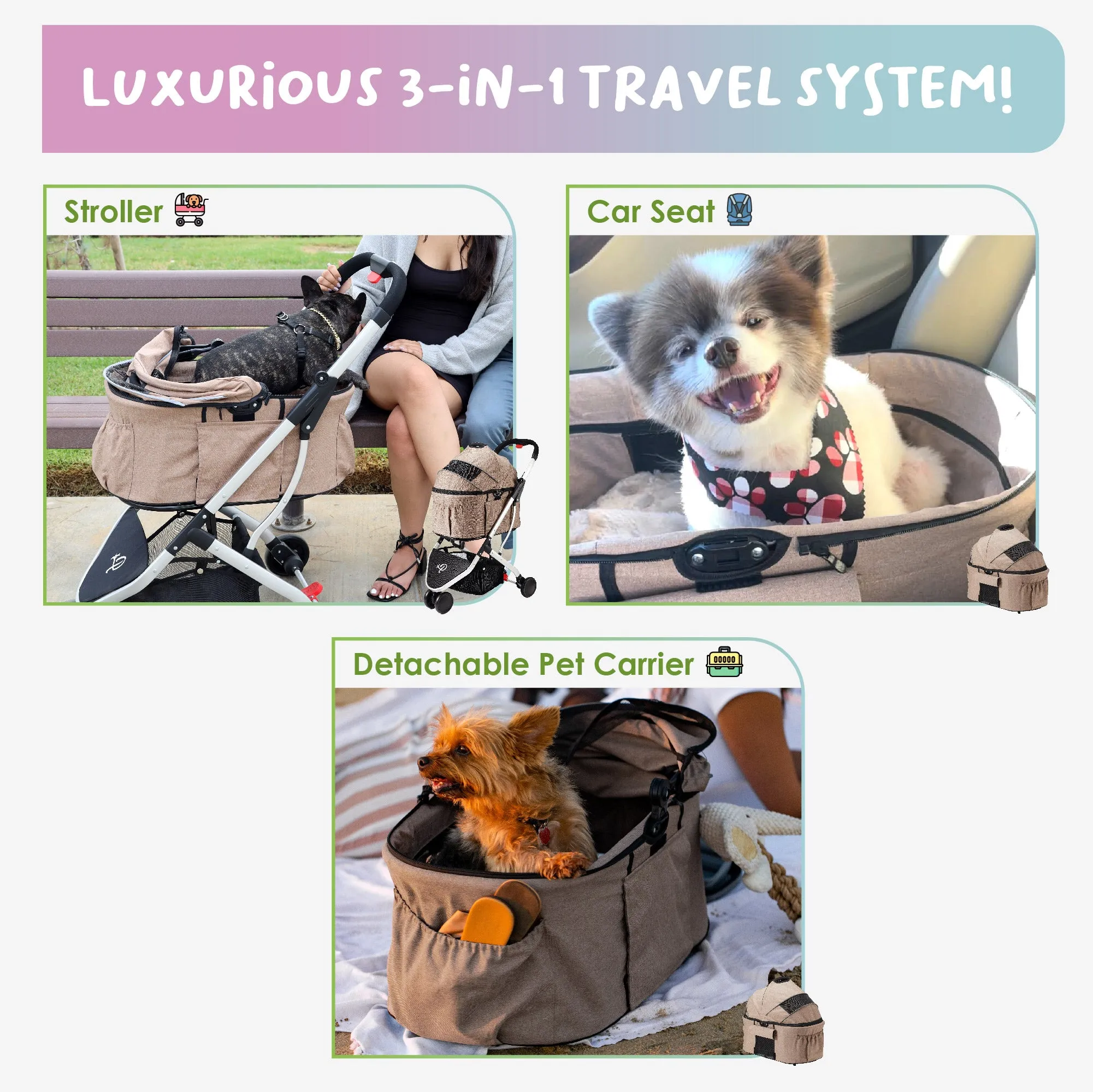3-in-1 Newport Pet Stroller (Travel Carrier   Car Seat   Stroller), Easy Trifold/Unfold, 360º Front Rotating Wheel, Small/Medium Dogs, Cats and Pets, Supports up to 45LBS