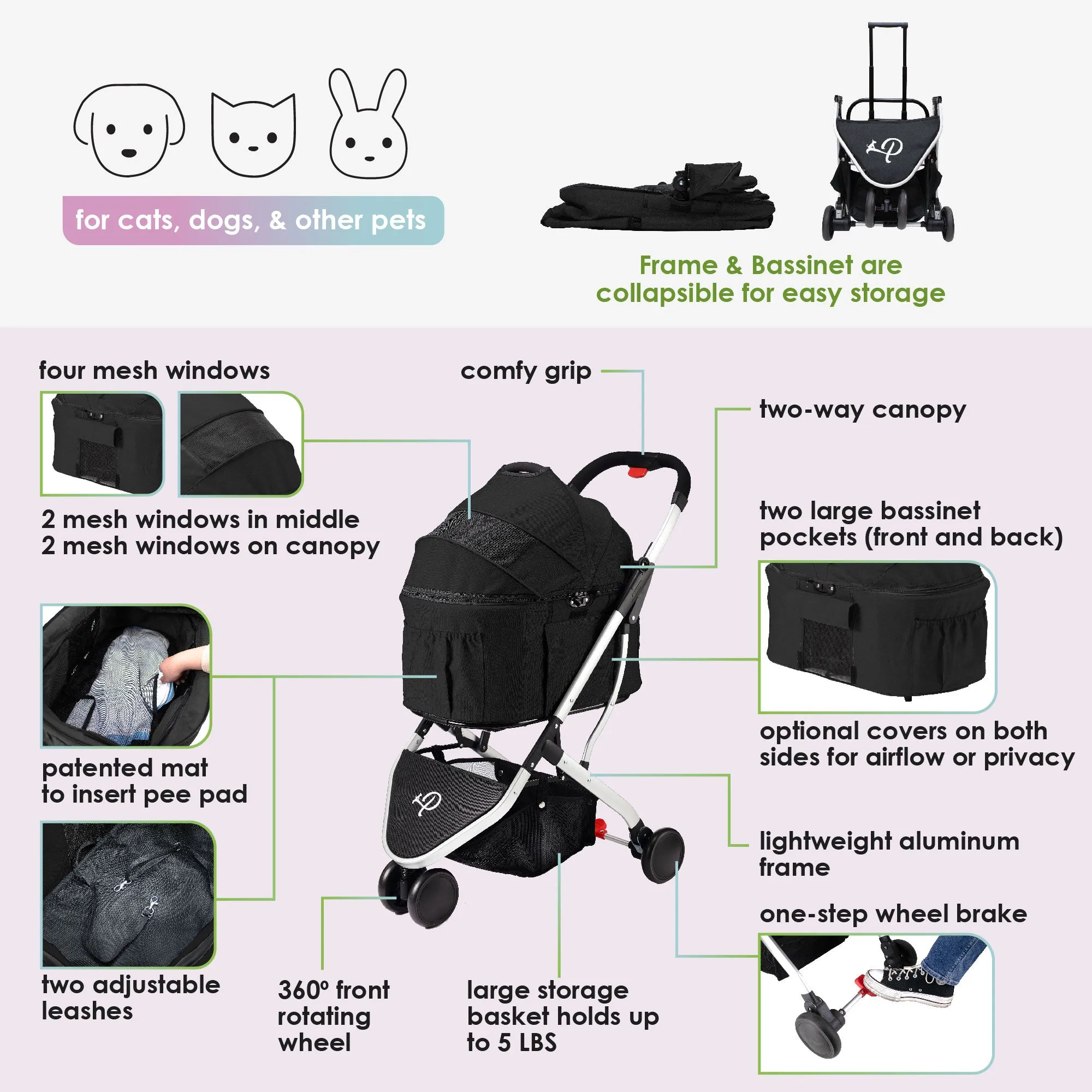 3-in-1 Newport Pet Stroller (Travel Carrier   Car Seat   Stroller), Easy Trifold/Unfold, 360º Front Rotating Wheel, Small/Medium Dogs, Cats and Pets, Supports up to 45LBS