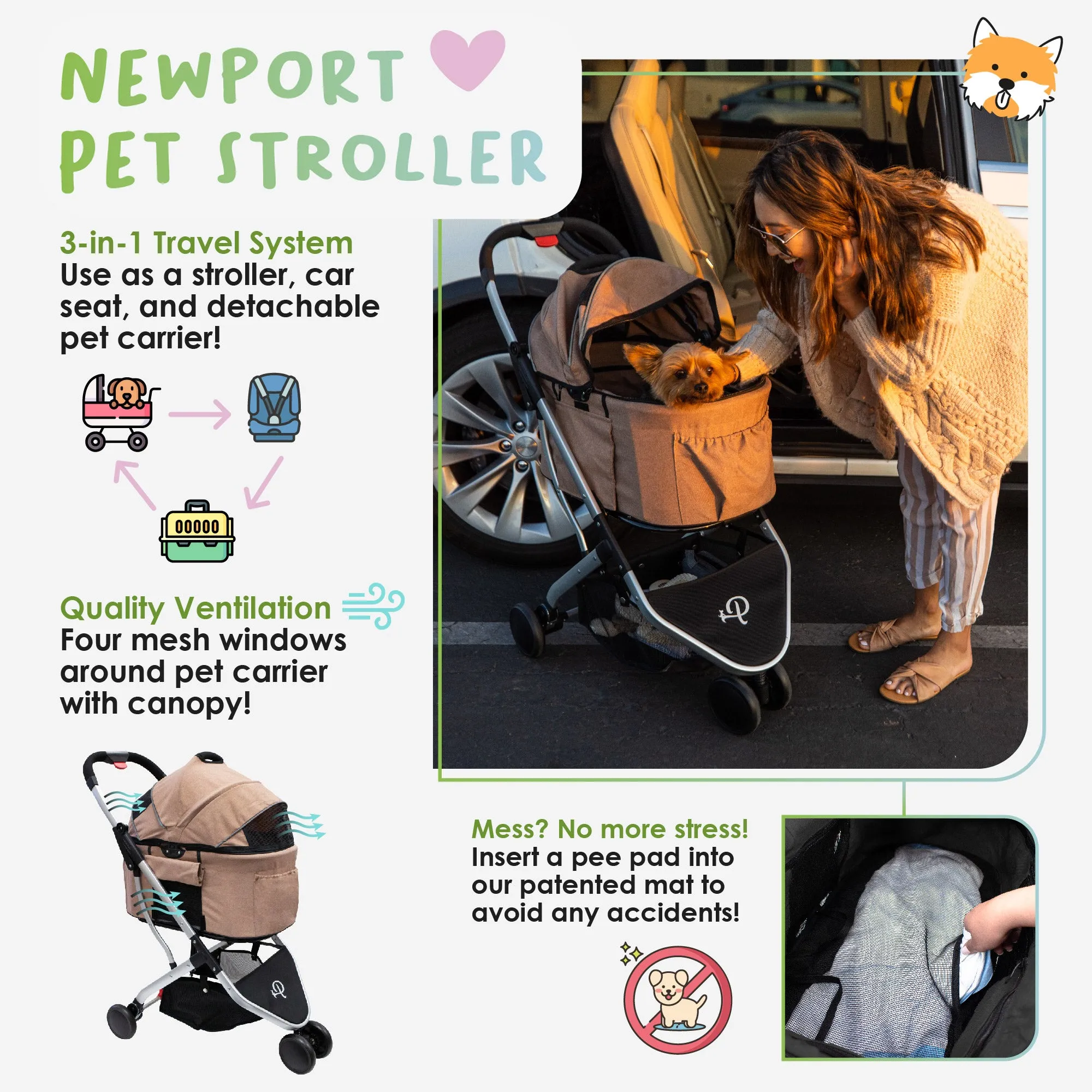 3-in-1 Newport Pet Stroller (Travel Carrier   Car Seat   Stroller), Easy Trifold/Unfold, 360º Front Rotating Wheel, Small/Medium Dogs, Cats and Pets, Supports up to 45LBS
