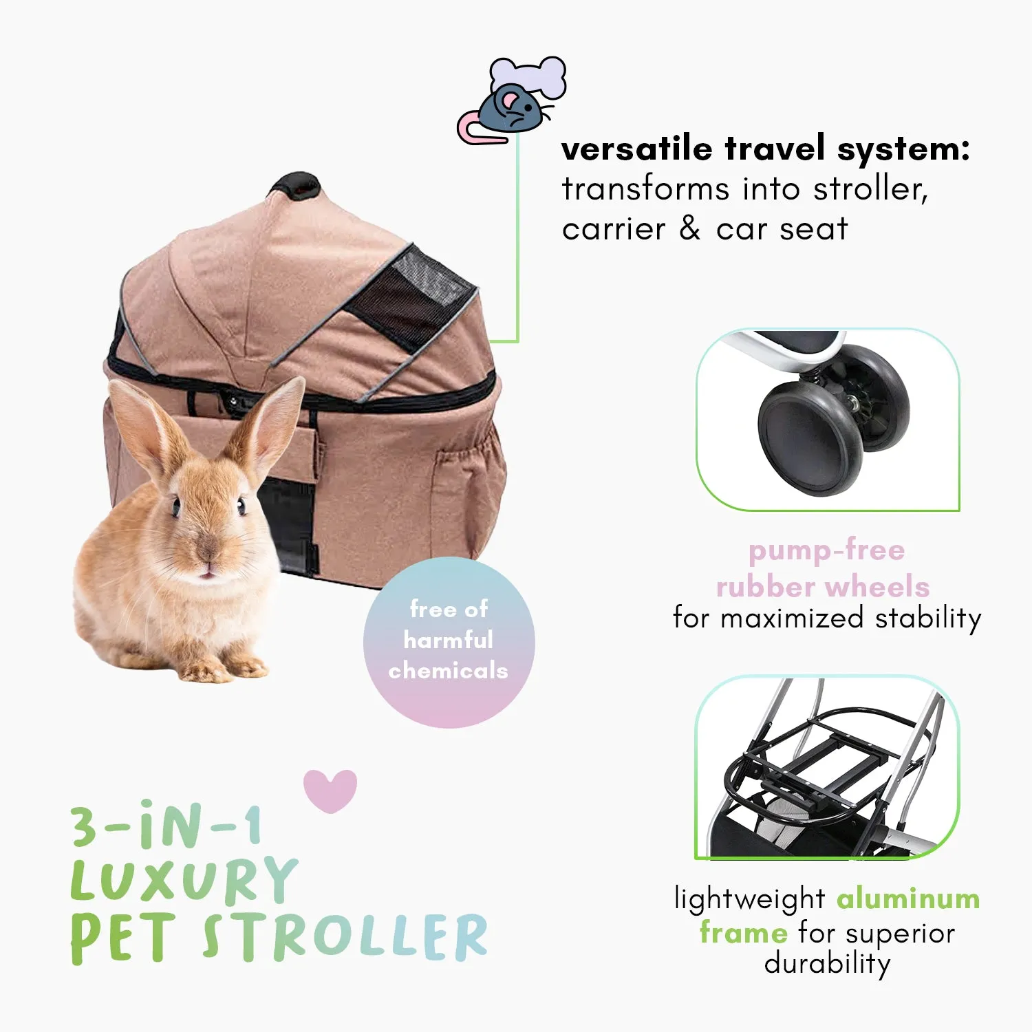 3-in-1 Newport Pet Stroller (Travel Carrier   Car Seat   Stroller), Easy Trifold/Unfold, 360º Front Rotating Wheel, Small/Medium Dogs, Cats and Pets, Supports up to 45LBS