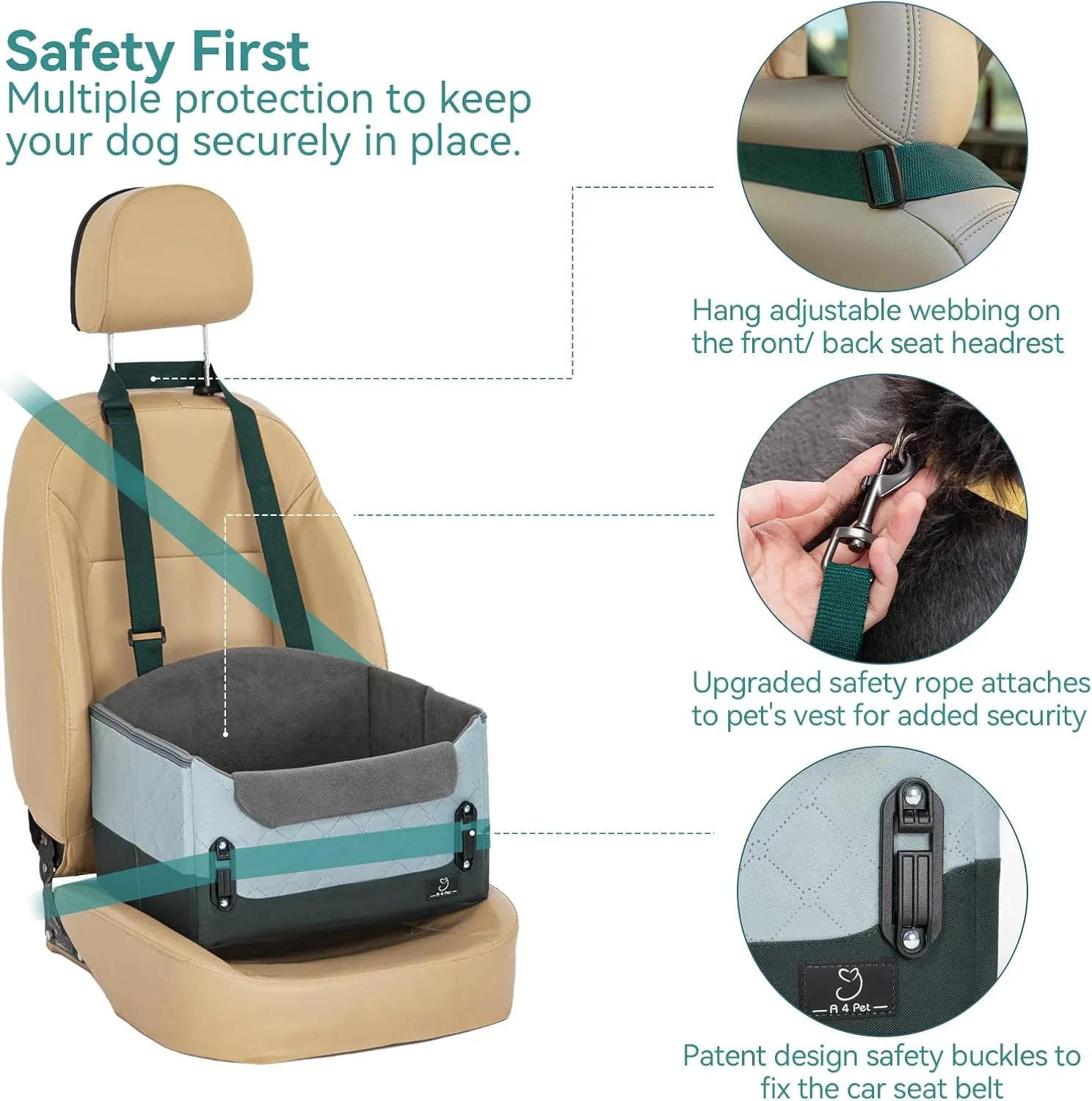 A4Pet Dog Car Seats, Small Dog Car Seat with Patent Buckles, Suitable for Small Dogs and Cats Under 25 Lbs, Clip-On Safety Leash, Fits Most Cars Green