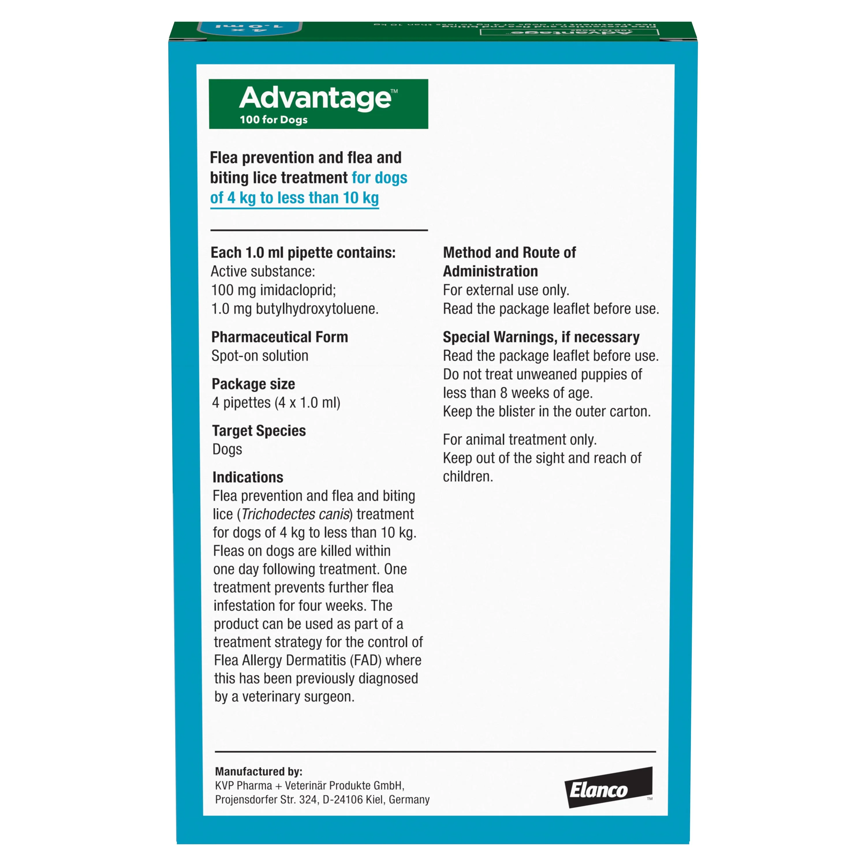 Advantage 100 Spot On Flea Control - Medium Dogs 4-10kg (4 Pipettes)