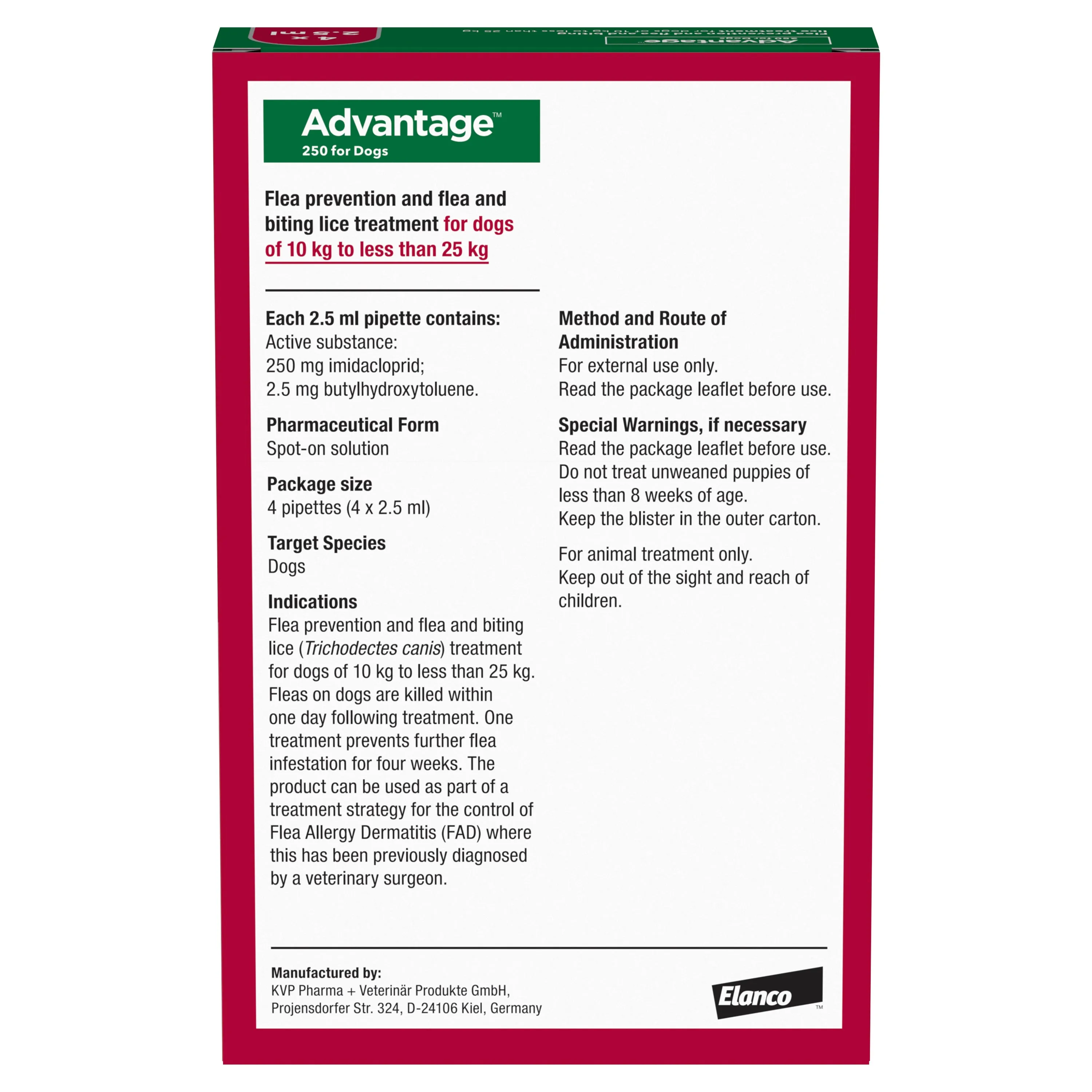 Advantage 250 Spot On Flea Control - Large Dogs 10-25kg (4 Pipettes)