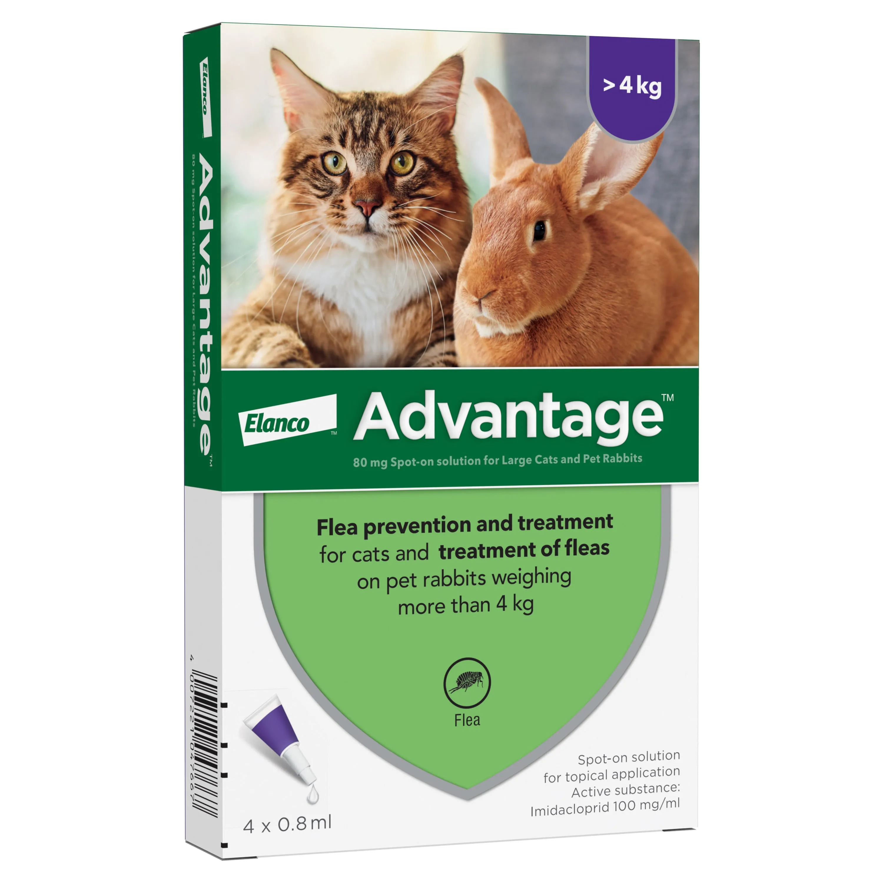 Advantage 80 Spot On Flea Control - Large Cats & Rabbits > 4kg (4 Pipettes)