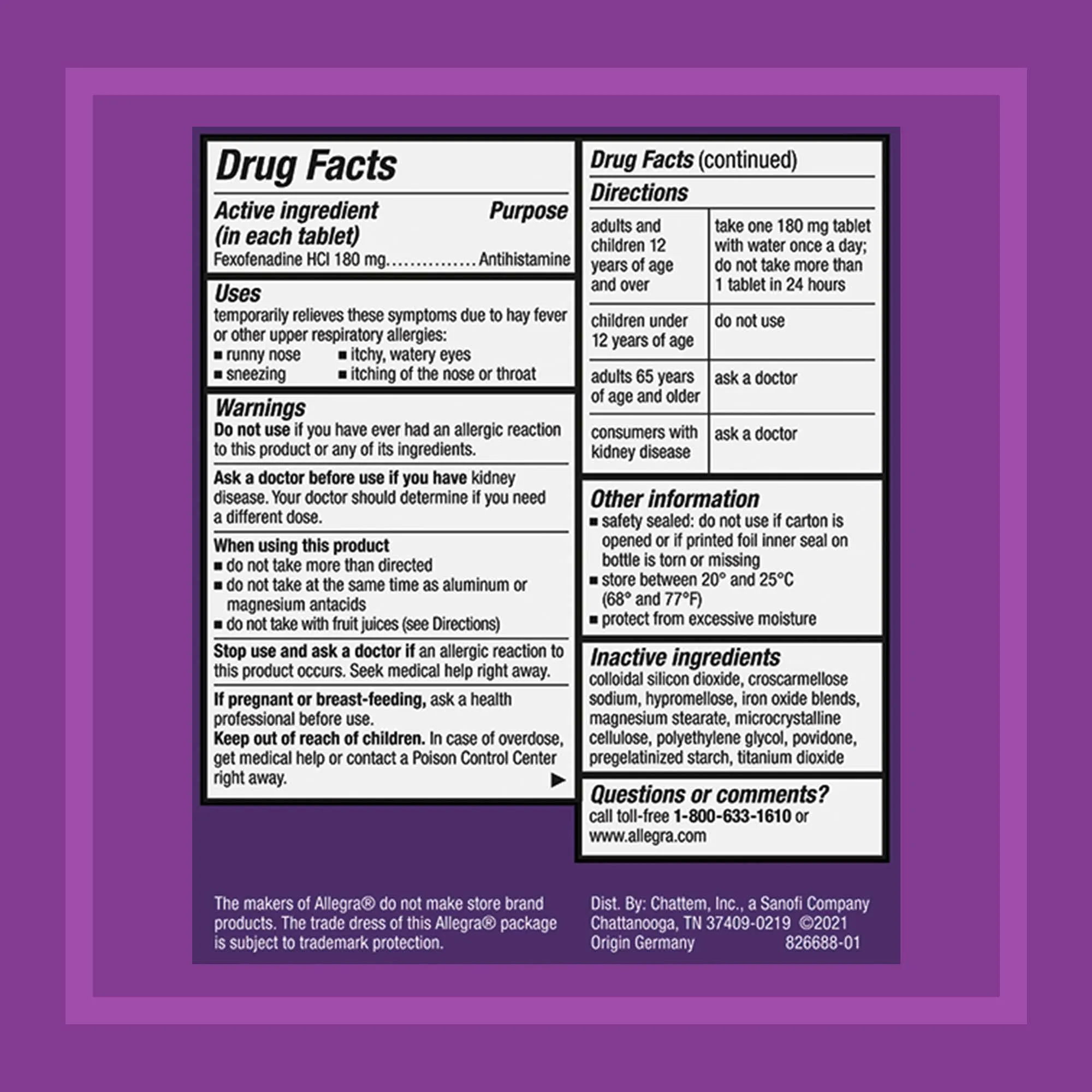 Allegra 24HR Adult Non-Drowsy Antihistamine Tablets, 100-Count, 24-Hour Allergy Relief, 180 mg Antihistamine Tablet