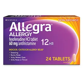 Allegra Adult 12HR Non-Drowsy Antihistamine, 24 Tablets, Fast-acting Allergy Symptom Relief, 60 mg