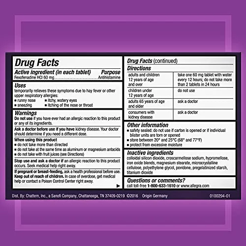 Allegra Adult 12HR Non-Drowsy Antihistamine, 24 Tablets, Fast-acting Allergy Symptom Relief, 60 mg