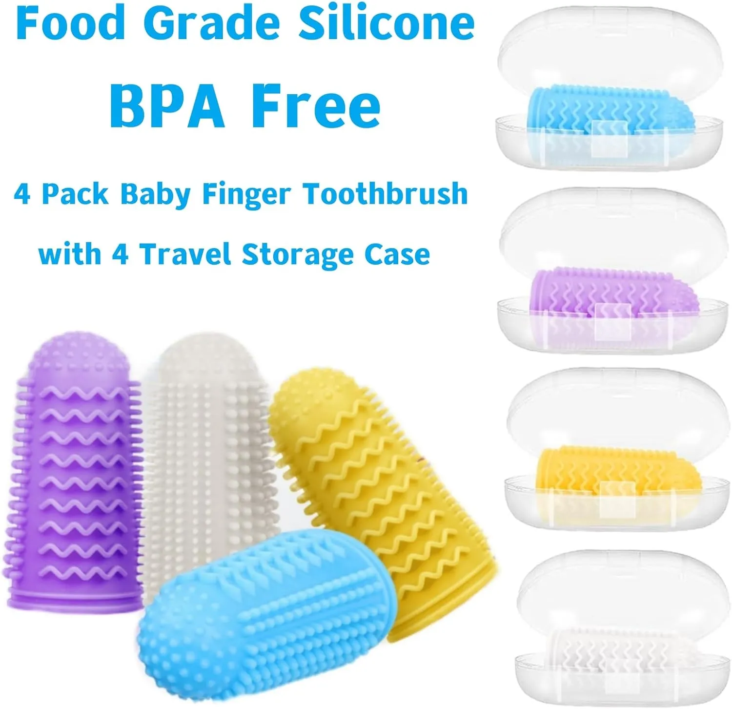 Baby Finger Toothbrush 4 Pcs with 4 Storage Case,Silicone Baby Toothbrush 0-6 Months,Soft Finger Tooth Brush,Toddler Oral & Teeth Cleaner,Infant Gum & Tongue Finger Brush Yellow White