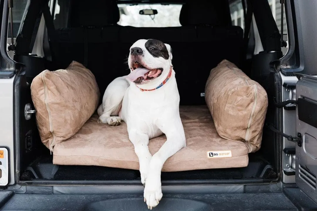 Barker Beds Orthopedic Dog SUV Bed (Medium, Khaki)  Memory Foam Travel Bed for Medium Dogs  Machine-Washable Cover & Headrest  Vet-Recommended for Joint Support  Made in USA