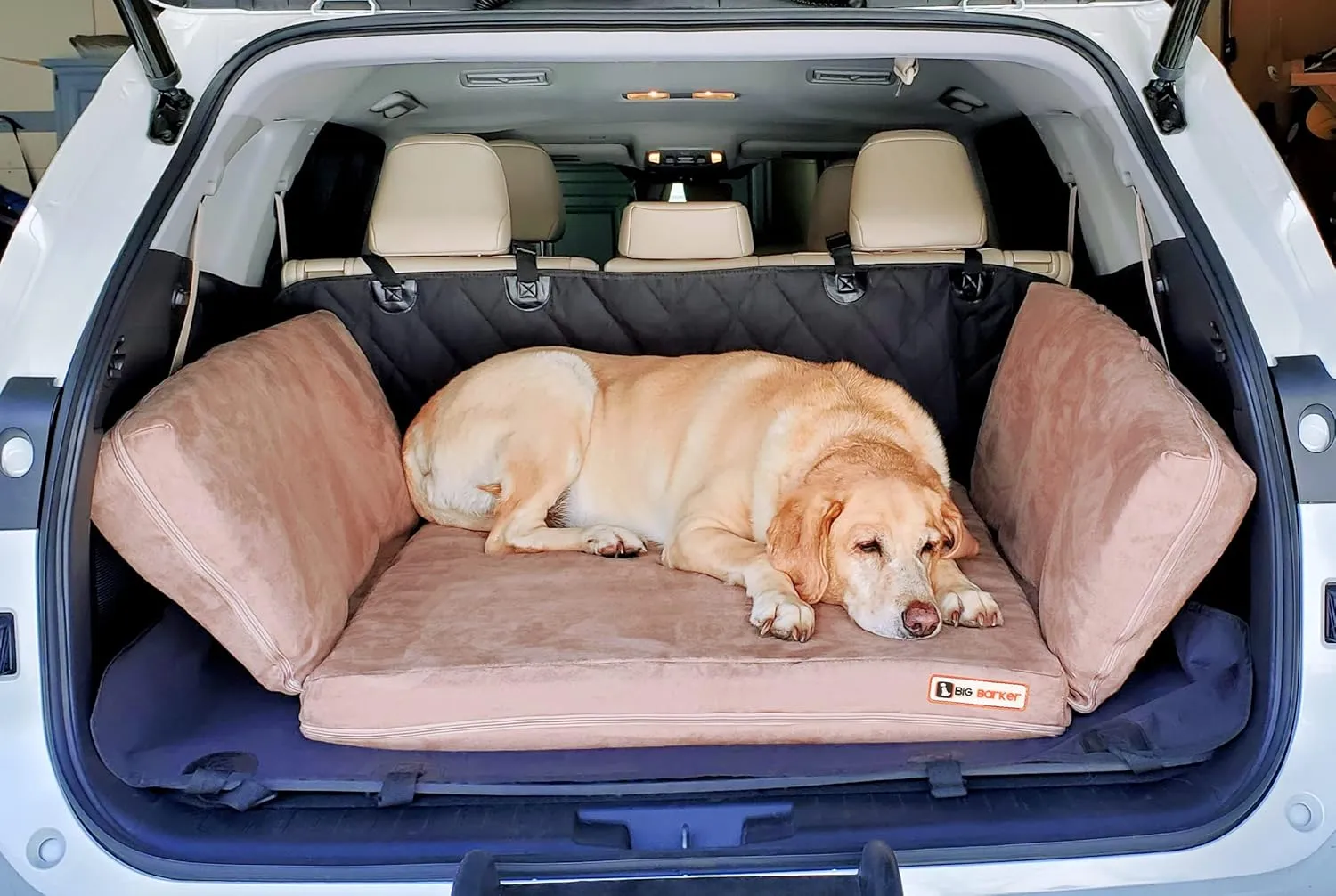 Barker Beds Orthopedic Dog SUV Bed (Medium, Khaki)  Memory Foam Travel Bed for Medium Dogs  Machine-Washable Cover & Headrest  Vet-Recommended for Joint Support  Made in USA