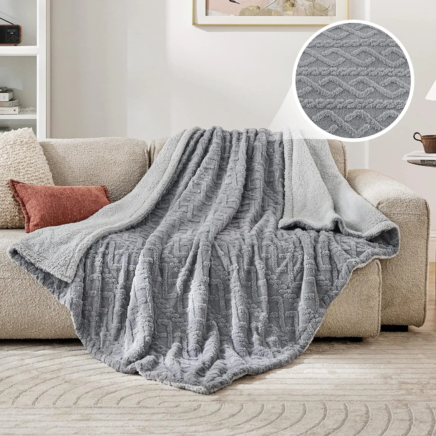 Bedsure Sherpa Fleece Throw Blanket for Couch - Fuzzy Soft Cozy Cable Throw for Women, Thick Warm Blanket for Winter, Grey, 50x60 Inches