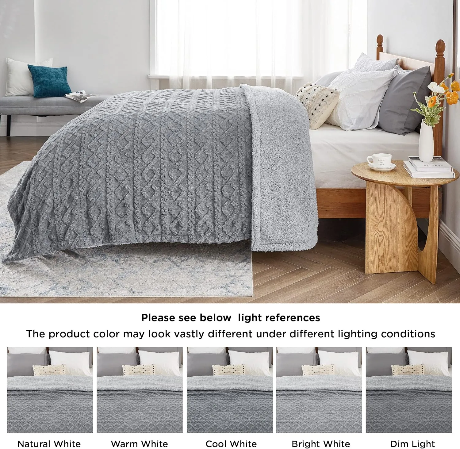 Bedsure Sherpa Fleece Throw Blanket for Couch - Fuzzy Soft Cozy Cable Throw for Women, Thick Warm Blanket for Winter, Grey, 50x60 Inches