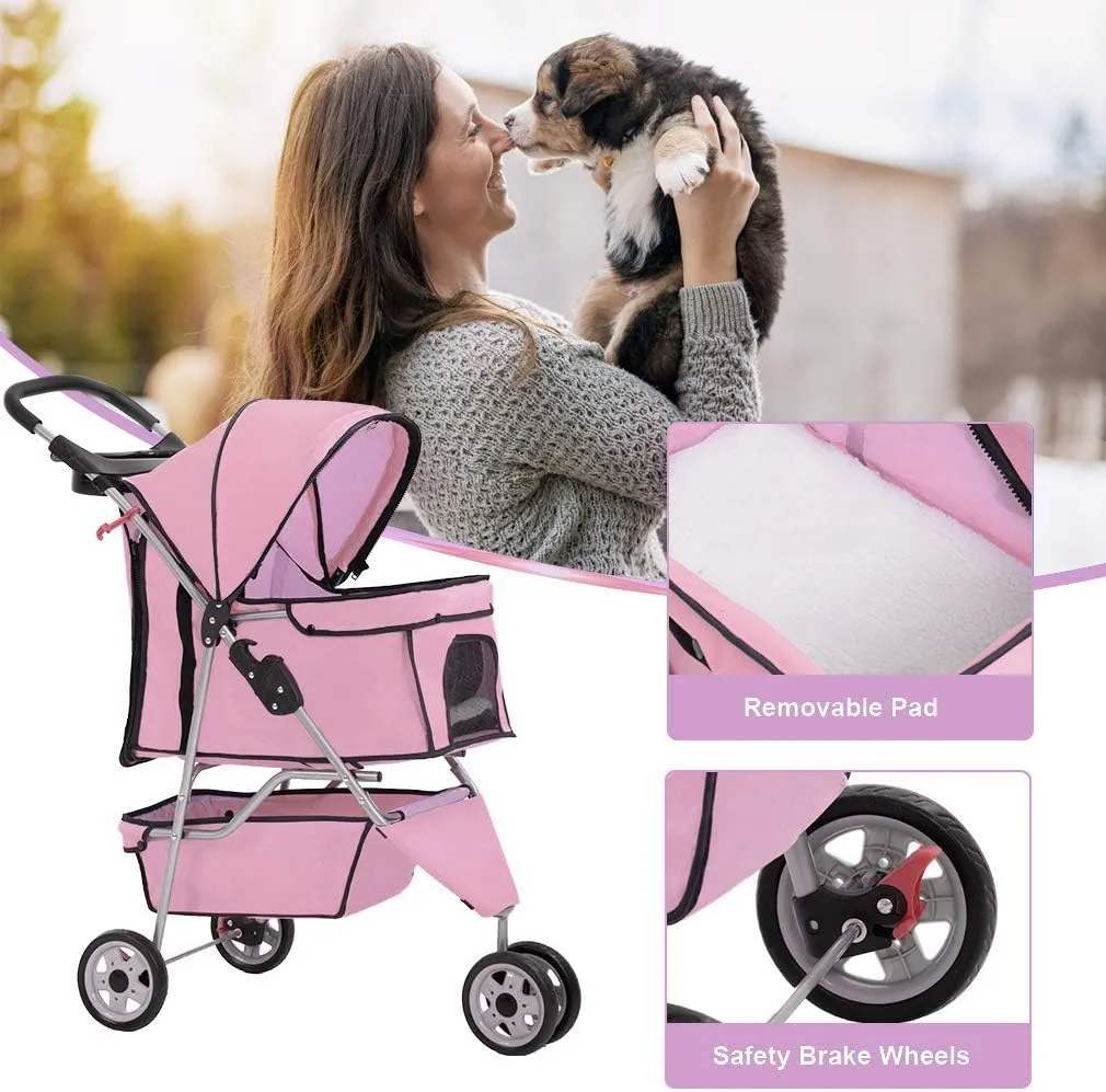 BestPet 3 Wheels Pet Dog Stroller Cat Cage for Medium Small Dogs Cats Travel Folding Carrier Waterproof Puppy Stroller with Cup Holder & Removable Liner,Pink