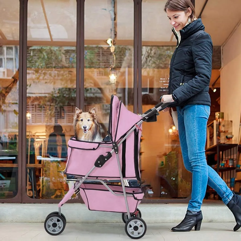 BestPet 3 Wheels Pet Dog Stroller Cat Cage for Medium Small Dogs Cats Travel Folding Carrier Waterproof Puppy Stroller with Cup Holder & Removable Liner,Pink