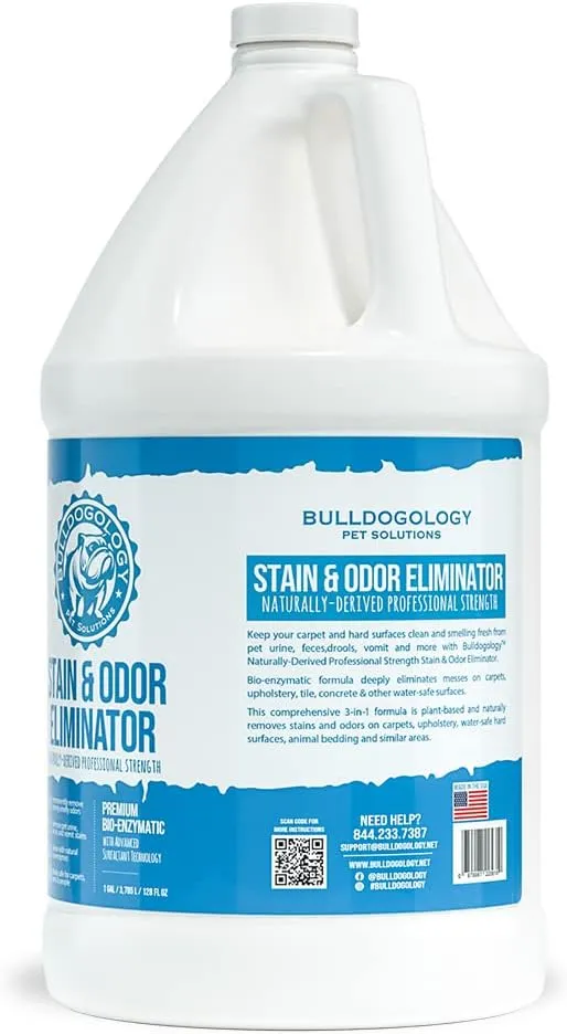Bulldogology Bio-Enzymatic Pet Stain & Odor Remover - Pet Carpet Enzyme Cleaner for Cat and Dog Pee, Pet Stain Remover for Carpet and Floors, Dog Stain Remover and Odor Neutralizer (128 oz, 1 Gallon)