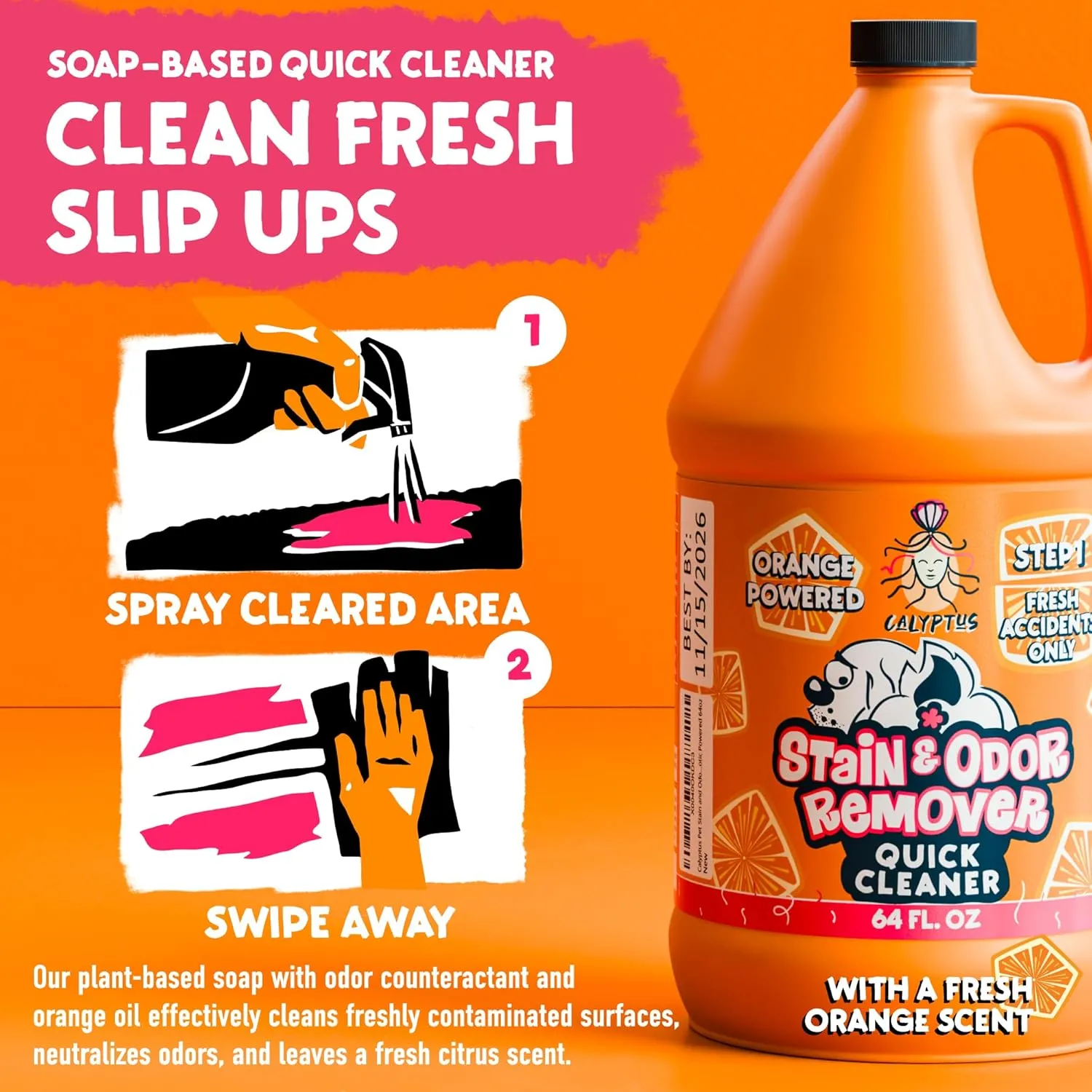 Calyptus Pet Stain and Odor Remover | Orange and Enzyme Cleaner Duo Solution for Pets | 128oz (64oz x 2 Bottles) | Carpet Cleaner and Odor Eliminator for Cat Urine, Dog Pee, and Poop | Pro Strength