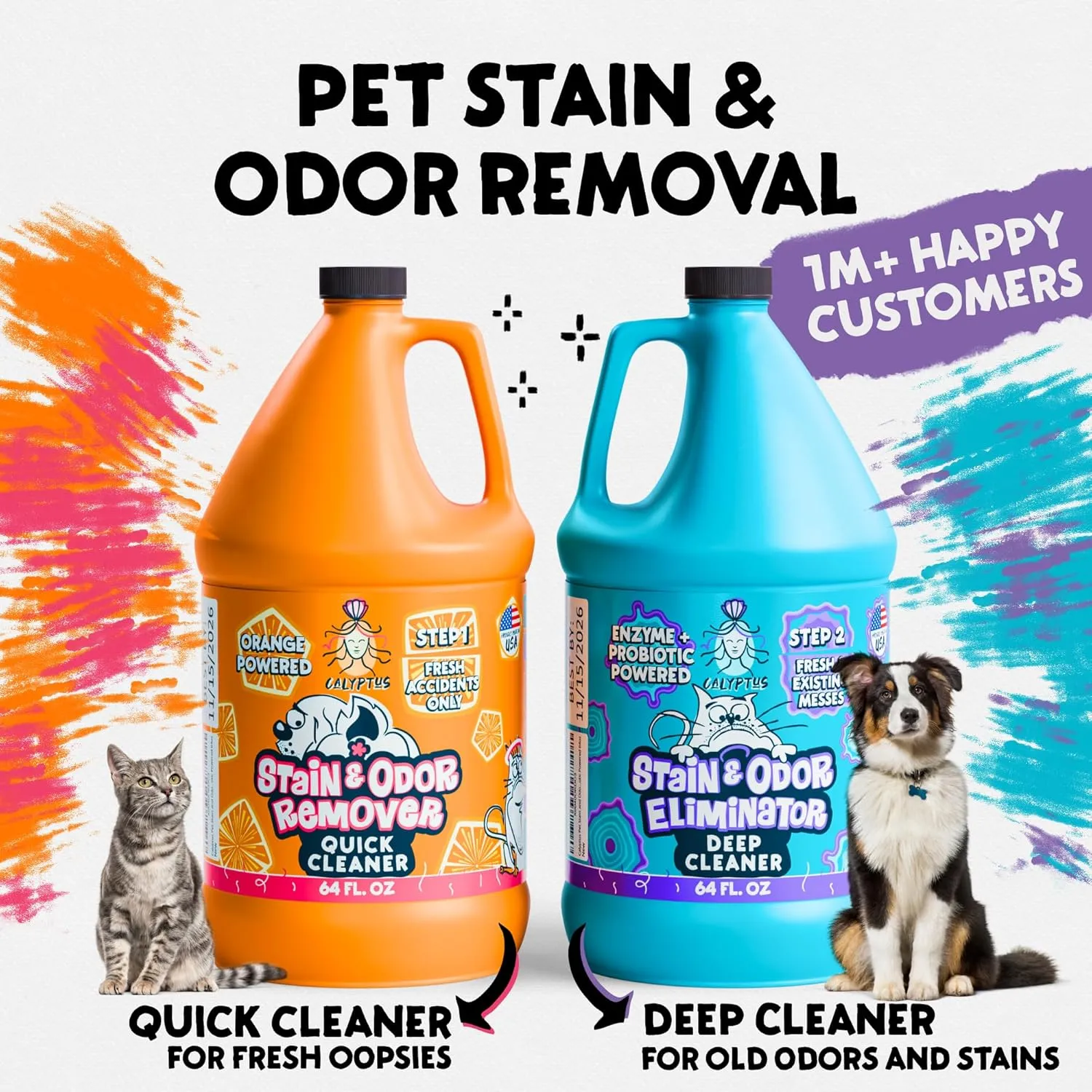 Calyptus Pet Stain and Odor Remover | Orange and Enzyme Cleaner Duo Solution for Pets | 128oz (64oz x 2 Bottles) | Carpet Cleaner and Odor Eliminator for Cat Urine, Dog Pee, and Poop | Pro Strength