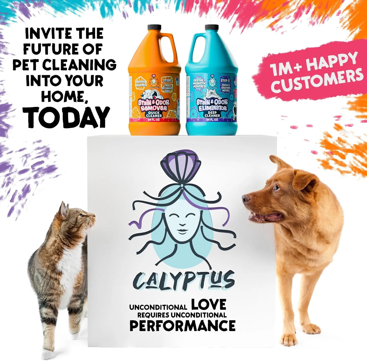 Calyptus Pet Stain and Odor Remover | Orange and Enzyme Cleaner Duo Solution for Pets | 128oz (64oz x 2 Bottles) | Carpet Cleaner and Odor Eliminator for Cat Urine, Dog Pee, and Poop | Pro Strength