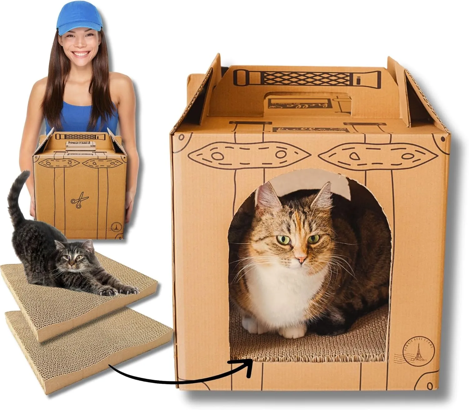 Cardboard Cat Carrier for Adoption & Travel  3-in-1 Pet Carrier, Scratcher, and Hideout  Eco-Friendly & Biodegradable  Includes Scratch Pads  15.7"x13.6"x13.6"