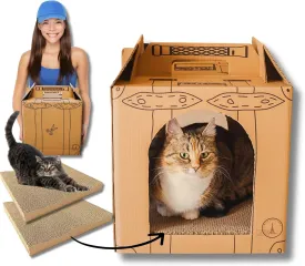 Cardboard Cat Carrier for Adoption & Travel  3-in-1 Pet Carrier, Scratcher, and Hideout  Eco-Friendly & Biodegradable  Includes Scratch Pads  15.7"x13.6"x13.6"