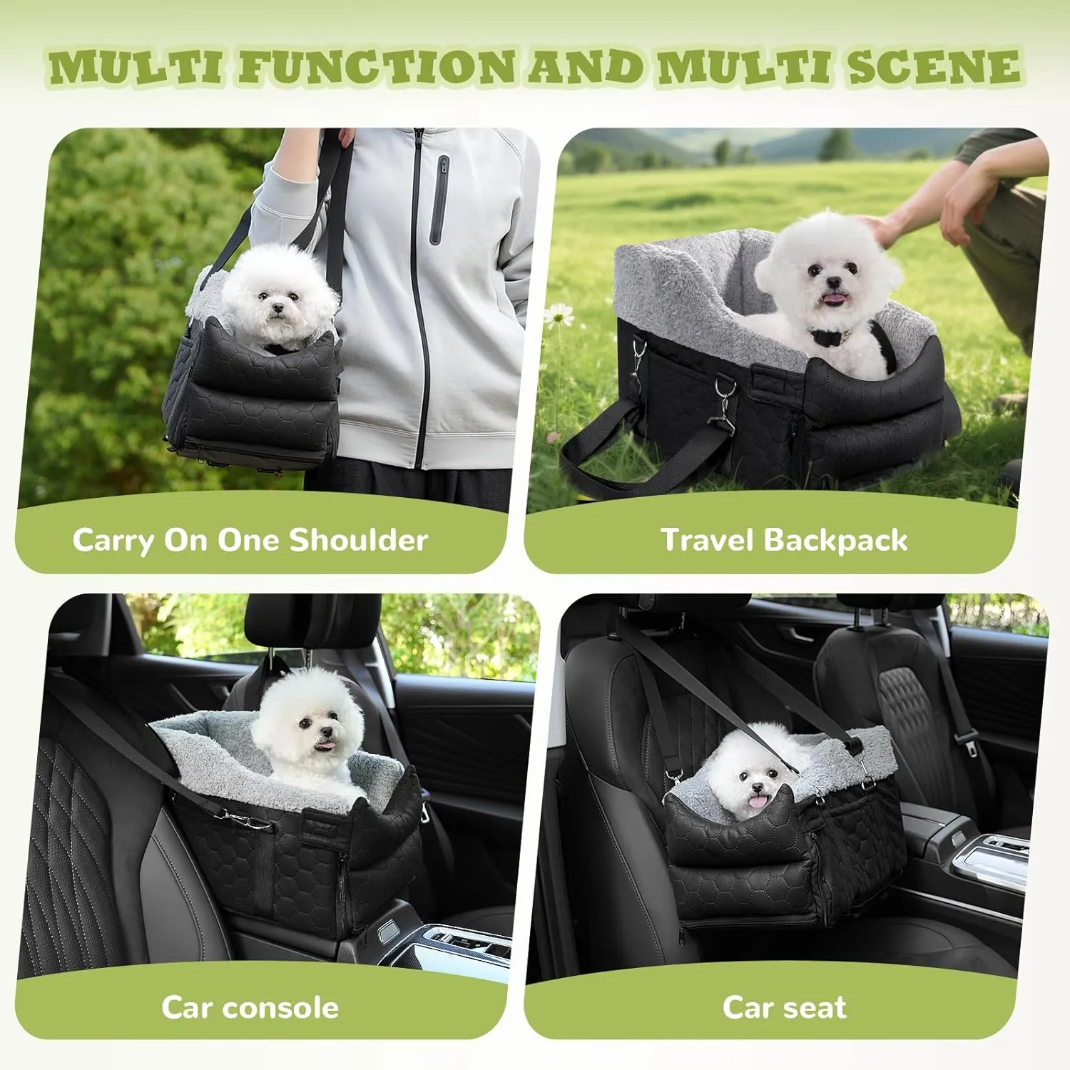 Center Console Dog Car Seat, Detachable Washable Dog Booster Seat, Adjustable Safety Belts and Built-in Leash Pet Carseat, Portable Puppy Travel Carrier with Cushion for Small Dogs Cat(Black)