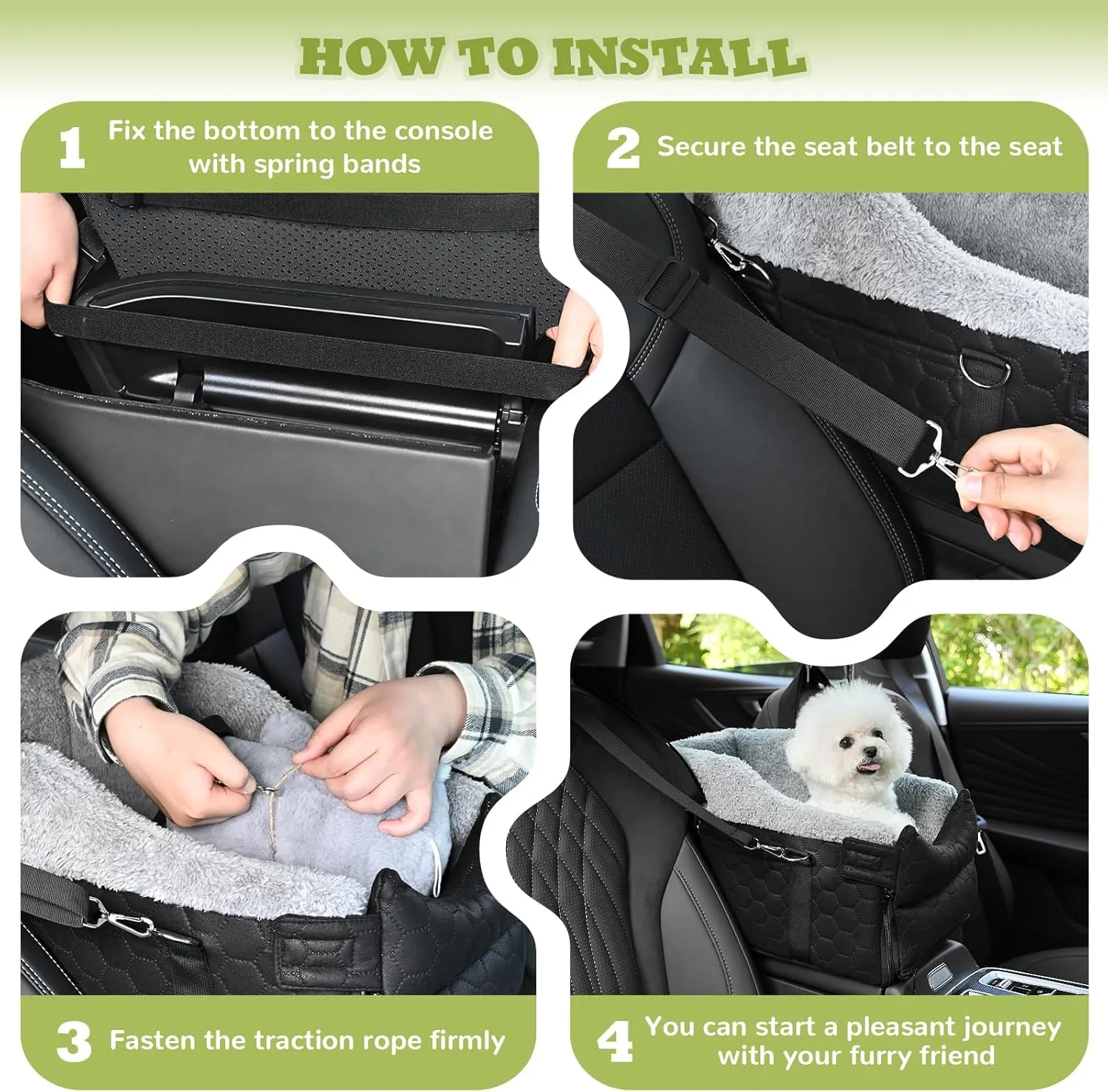 Center Console Dog Car Seat, Detachable Washable Dog Booster Seat, Adjustable Safety Belts and Built-in Leash Pet Carseat, Portable Puppy Travel Carrier with Cushion for Small Dogs Cat(Black)