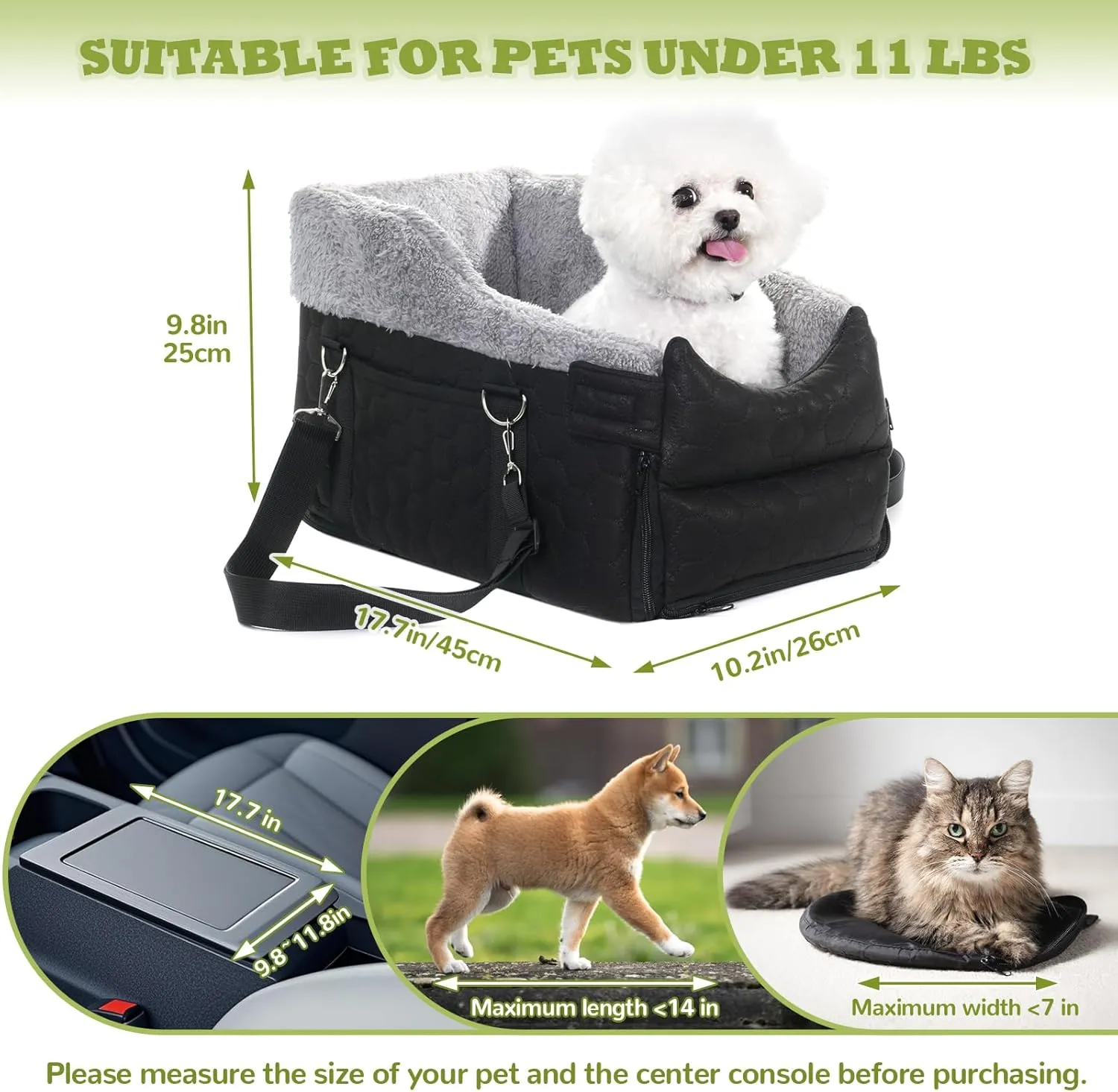 Center Console Dog Car Seat, Detachable Washable Dog Booster Seat, Adjustable Safety Belts and Built-in Leash Pet Carseat, Portable Puppy Travel Carrier with Cushion for Small Dogs Cat(Black)