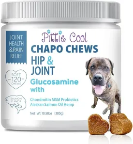 Chapo Chews, 120 Glucosamine Hip & Joint Supplement for Dogs, Extra Strength, Chondroitin, MSM, Probiotics, Hemp & Salmon Oil. Treats Arthritis, Pain & Inflammation, Mobility, Gut Health