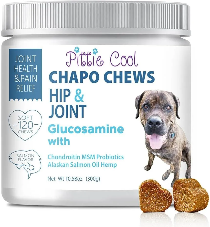 Chapo Chews, 120 Glucosamine Hip & Joint Supplement for Dogs, Extra Strength, Chondroitin, MSM, Probiotics, Hemp & Salmon Oil. Treats Arthritis, Pain & Inflammation, Mobility, Gut Health
