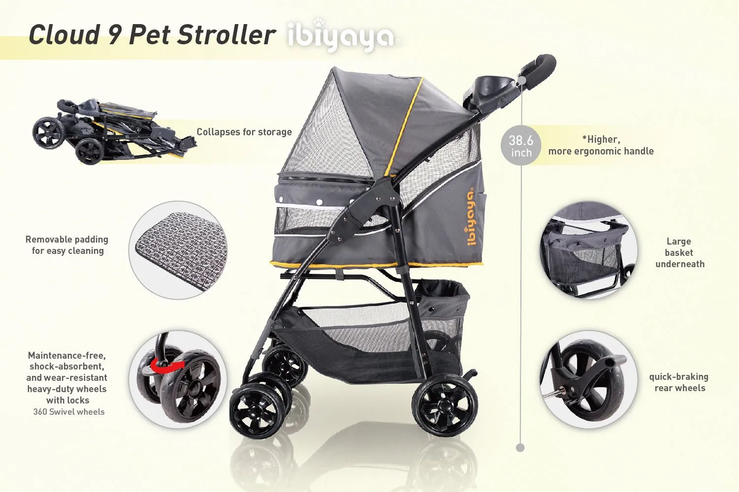 Cloud 9 Pet Stroller for Cats & Dogs up to 20kg - Mustard Yellow