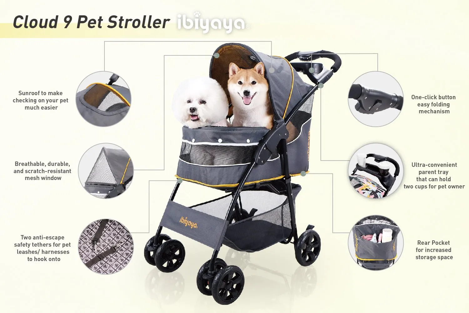 Cloud 9 Pet Stroller for Cats & Dogs up to 20kg - Mustard Yellow