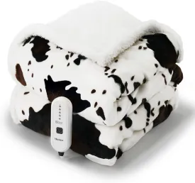 Cow Print Heated Throw Blanket Electric Blanket-Heating Blanket Throw with 5 Heat Levels & 4 Hours Auto-Off, Cozy Soft Fleece Sherpa, Washable, 50 x 60 Inches
