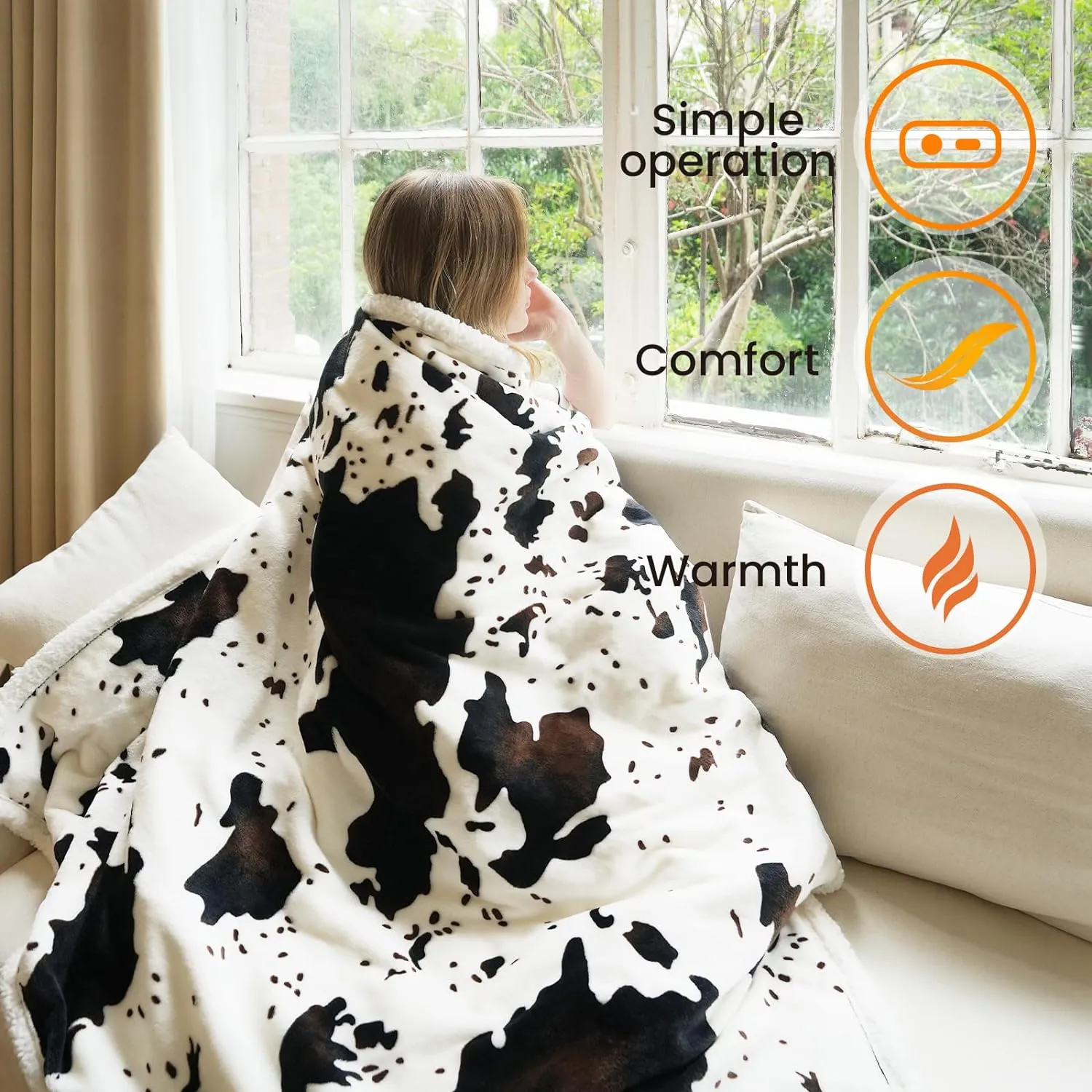 Cow Print Heated Throw Blanket Electric Blanket-Heating Blanket Throw with 5 Heat Levels & 4 Hours Auto-Off, Cozy Soft Fleece Sherpa, Washable, 50 x 60 Inches