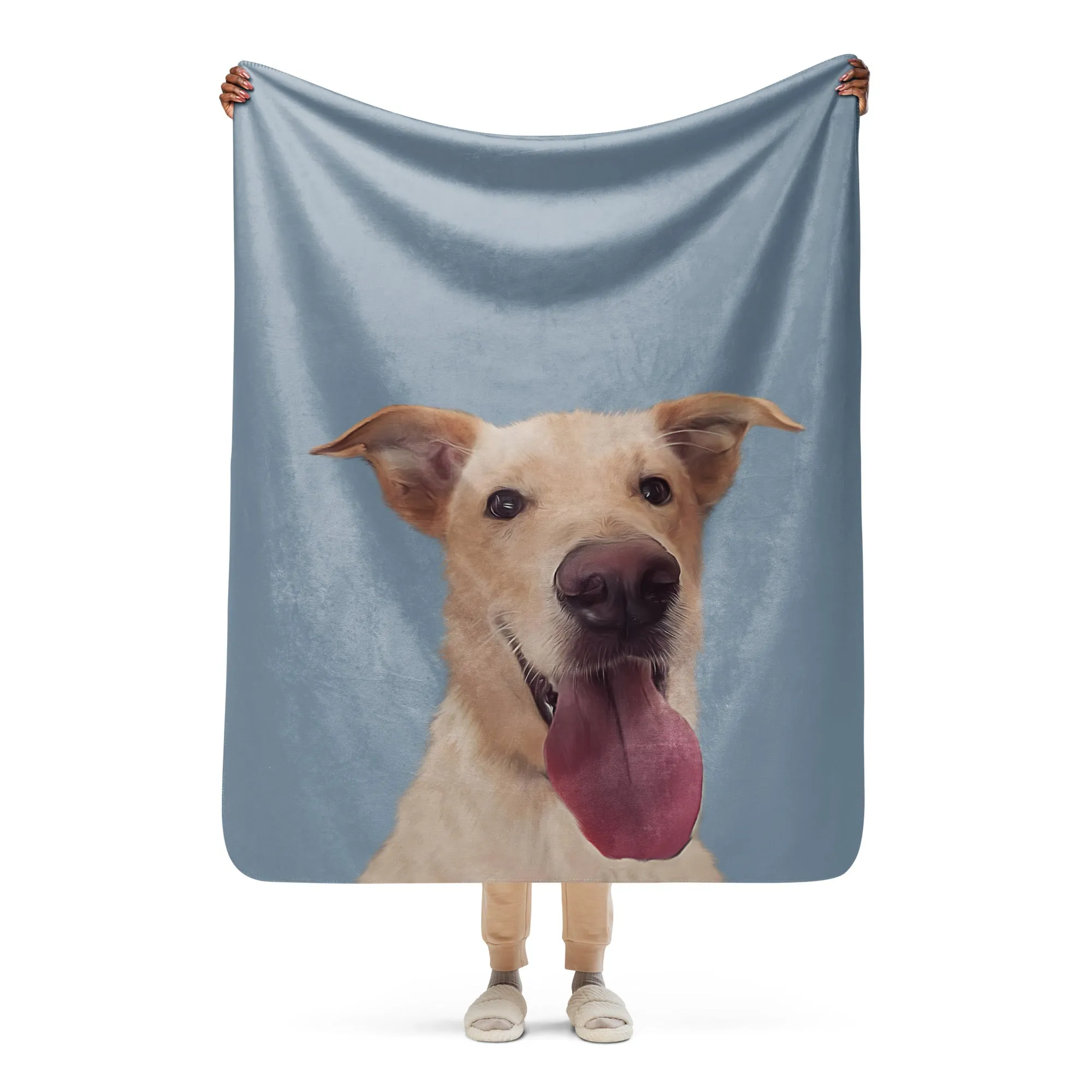 Custom Dog Portrait Sherpa Blanket| Slate Blue