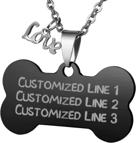 Custom ID Tag Pet Tag with Charm Stainless Steel Bone Pendant Necklace Personalized Free Engraving - Black