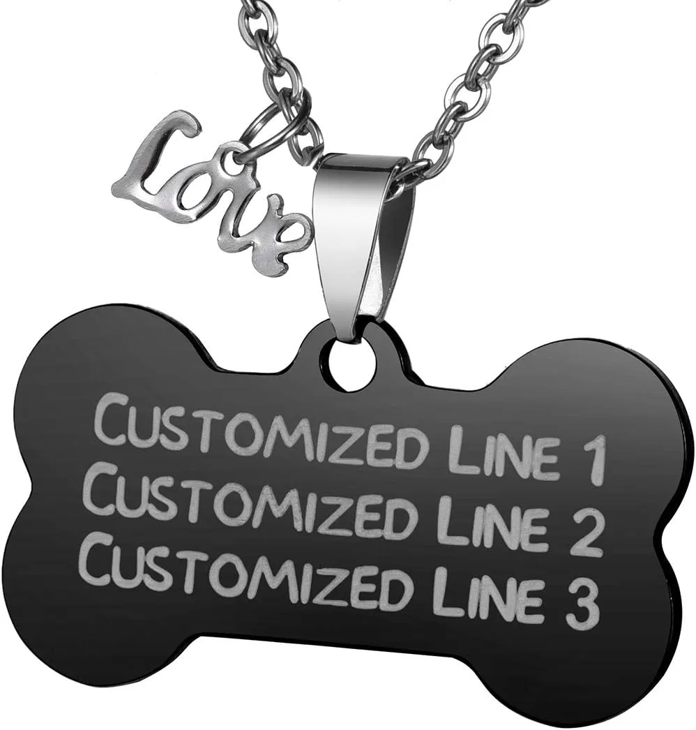 Custom ID Tag Pet Tag with Charm Stainless Steel Bone Pendant Necklace Personalized Free Engraving - Black