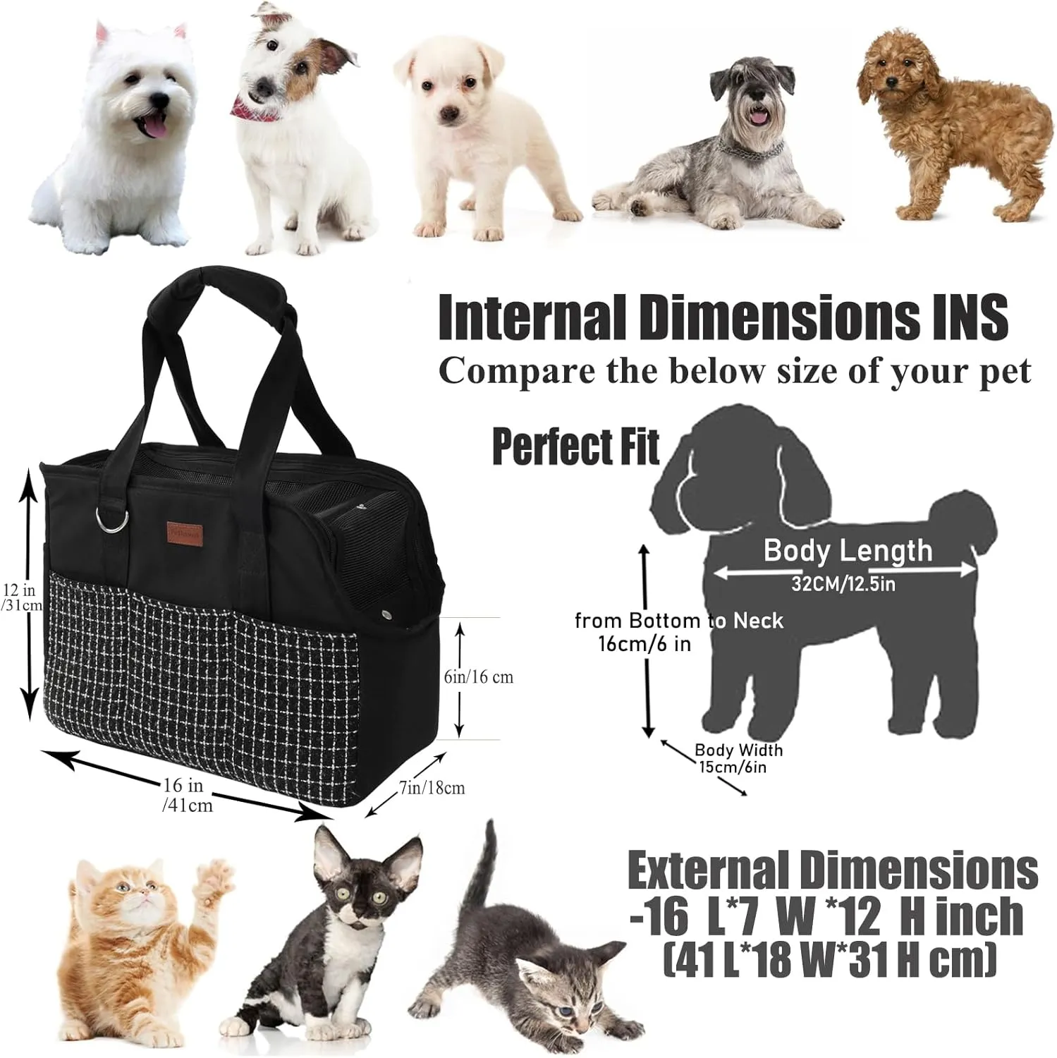 Dog Purse Carrier for Small Dogs,Cozy Plush Pets Carrier Purse Outdoor Picnic Shopping Woman Luxury Style (Black)
