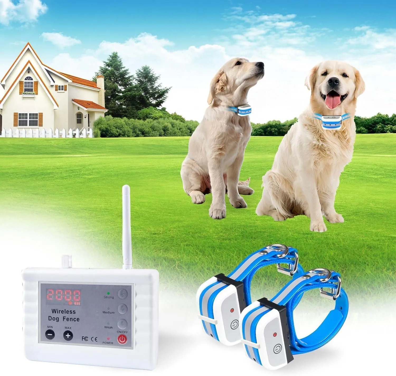 Dog Wireless Fence Pet Two Way Signal Containment System, Display Battery Level, Adjustable Control Range, Adjustable Warning Strength, Waterproof Rechargeable Dog Fence Collar