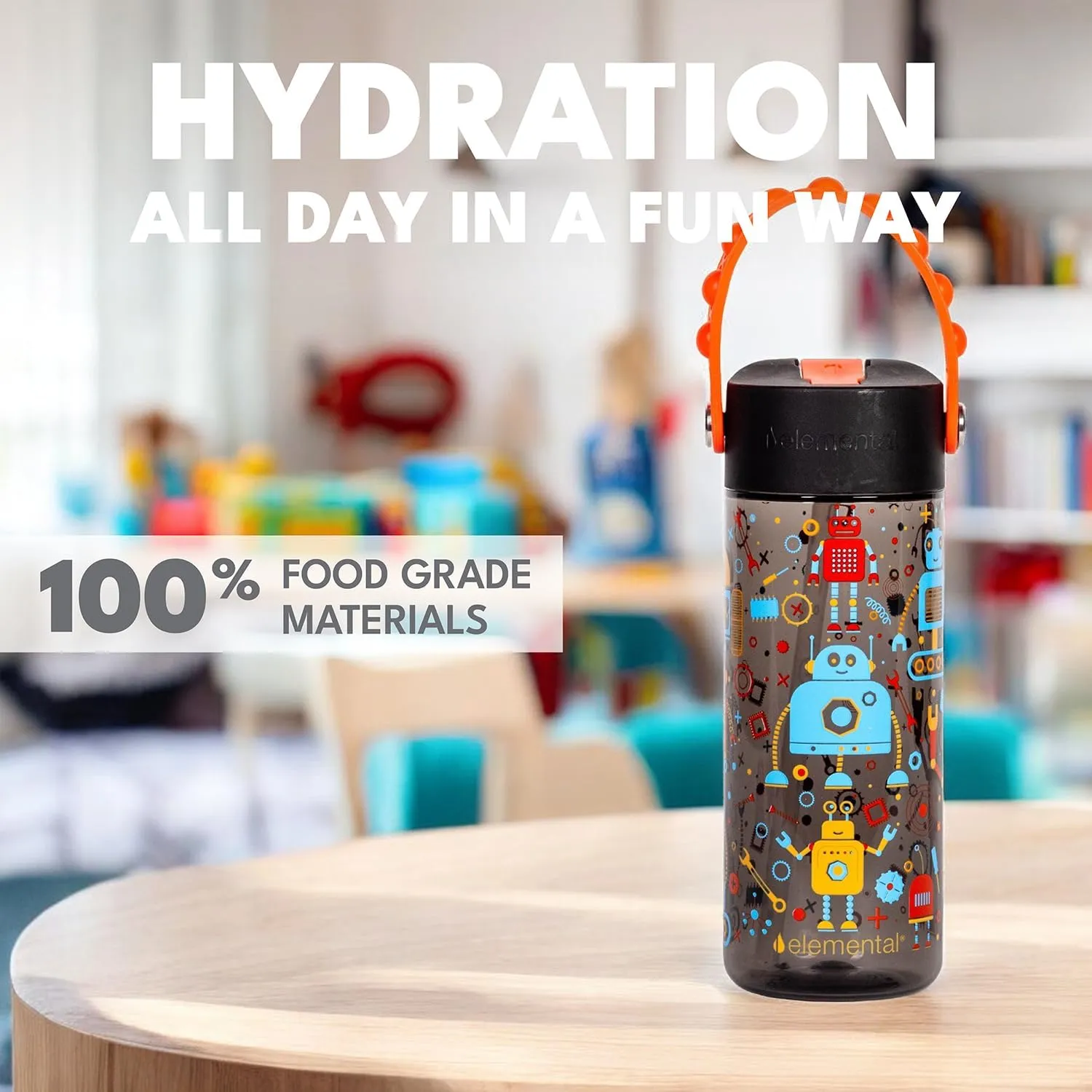 Elemental Water Bottles for Kids - Splash Kids Water Bottle for School with Pop-it Handle - BPA Free Tritan Plastic Water Bottle with Straw Leak Proof when Spout is Closed - Blue Robot - 18oz