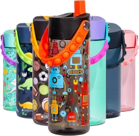 Elemental Water Bottles for Kids - Splash Kids Water Bottle for School with Pop-it Handle - BPA Free Tritan Plastic Water Bottle with Straw Leak Proof when Spout is Closed - Blue Robot - 18oz