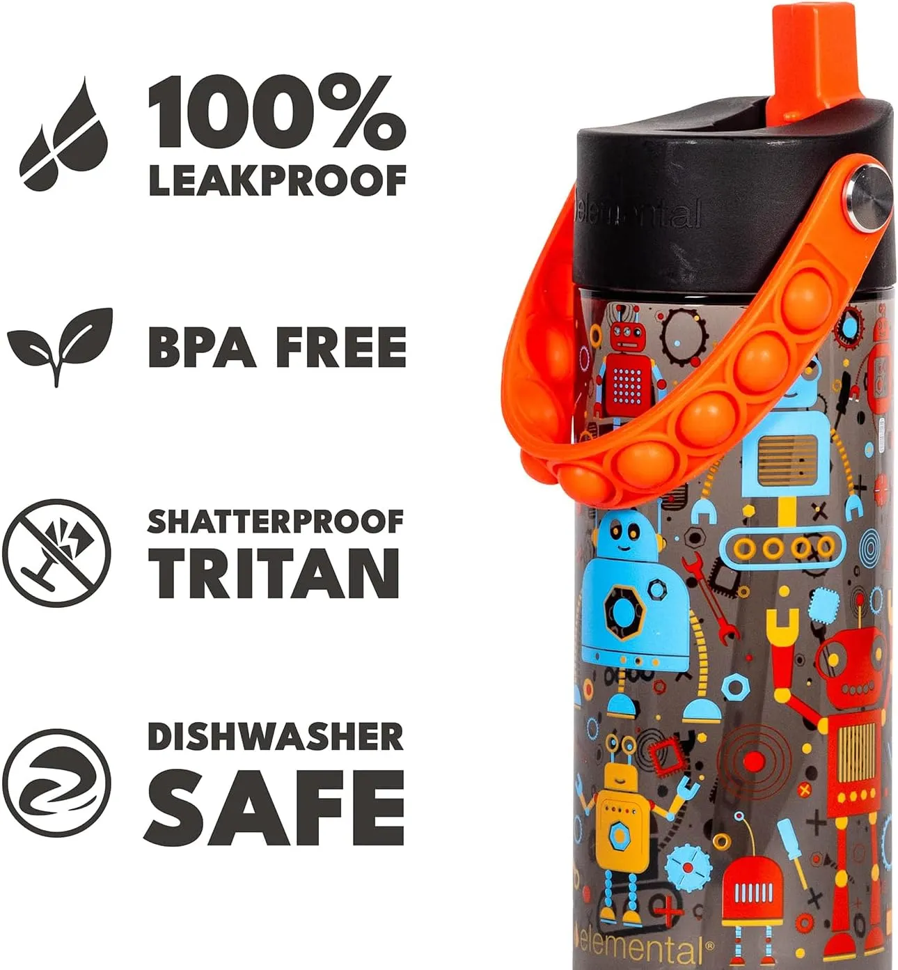 Elemental Water Bottles for Kids - Splash Kids Water Bottle for School with Pop-it Handle - BPA Free Tritan Plastic Water Bottle with Straw Leak Proof when Spout is Closed - Blue Robot - 18oz