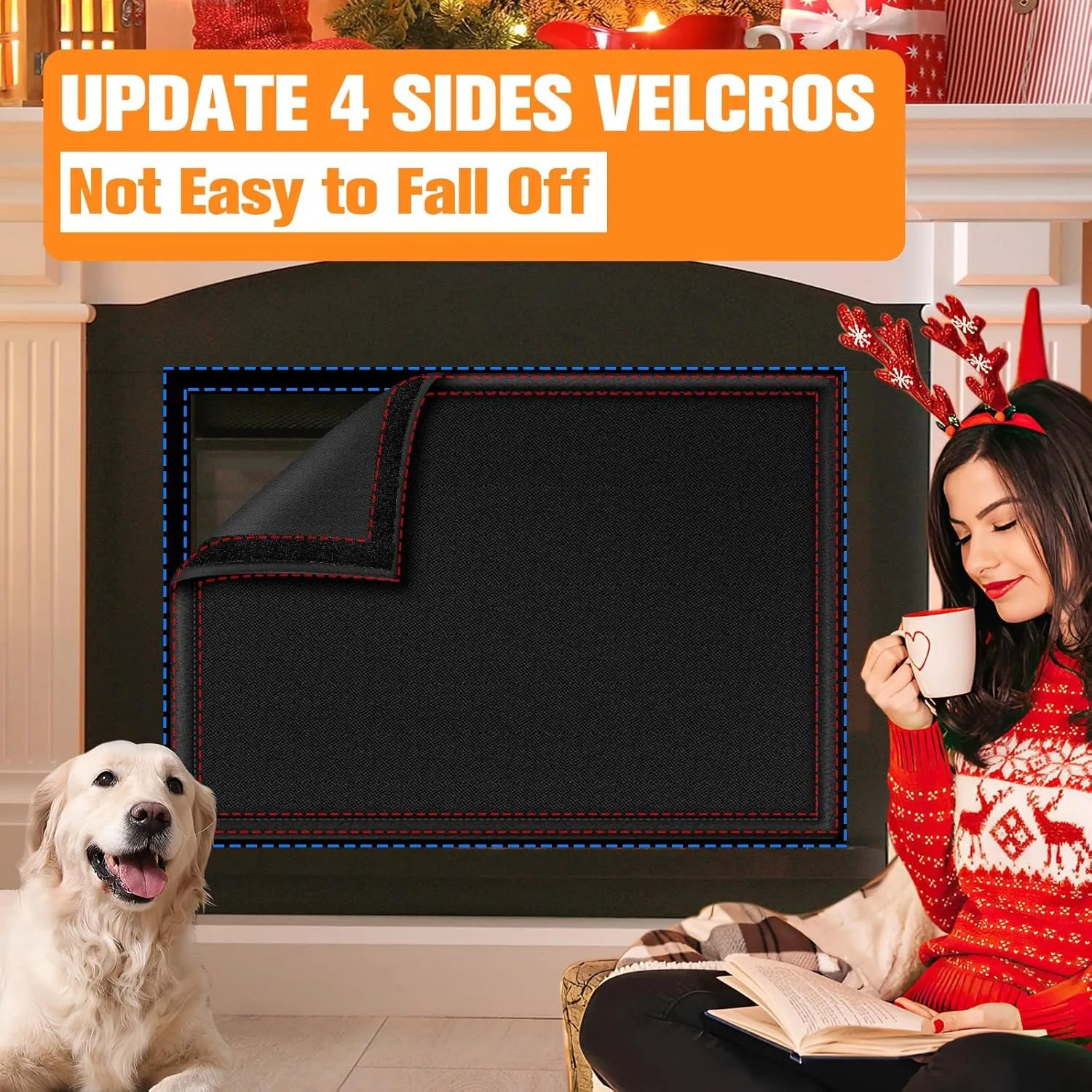 Fireplace Draft Cover, Fireplace Blocker Blanket Stops Heat Loss, Adjustable Fire Place Draft Stopper with Hook and Loop Tapes, Indoor Cold Air Blocker Black 36" W x 32" H