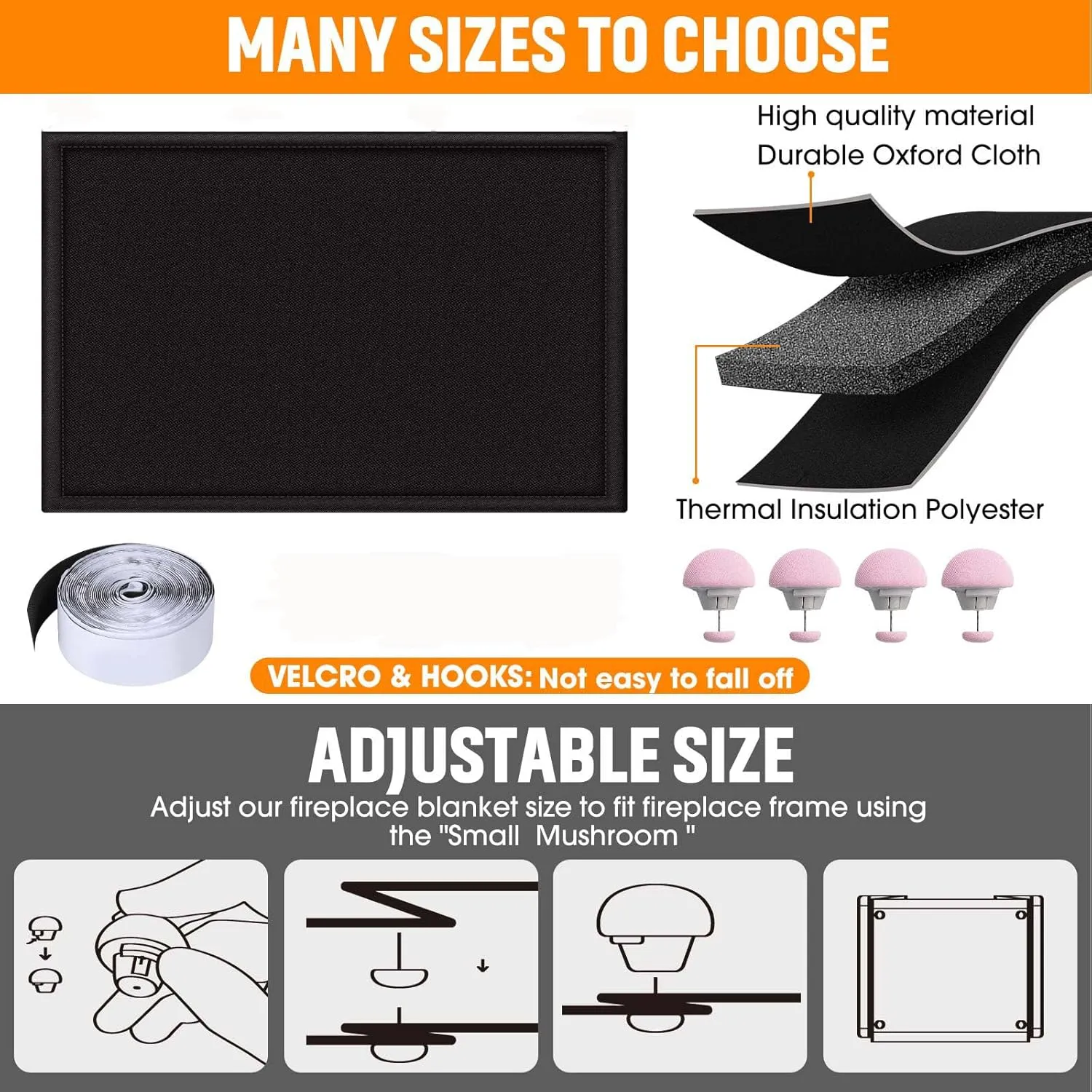 Fireplace Draft Cover, Fireplace Blocker Blanket Stops Heat Loss, Adjustable Fire Place Draft Stopper with Hook and Loop Tapes, Indoor Cold Air Blocker Black 36" W x 32" H