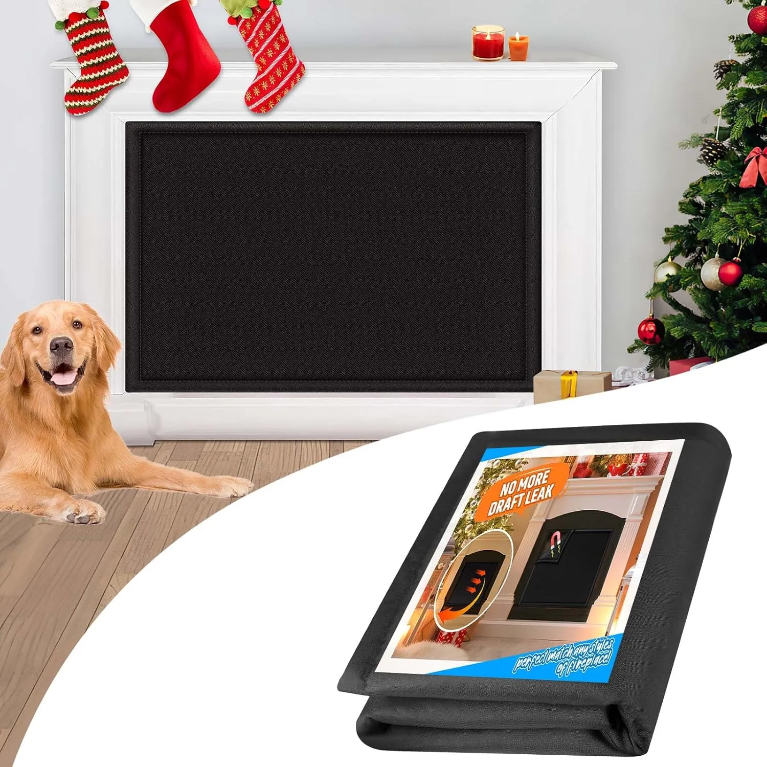 Fireplace Draft Cover, Fireplace Blocker Blanket Stops Heat Loss, Adjustable Fire Place Draft Stopper with Hook and Loop Tapes, Indoor Cold Air Blocker Black 36" W x 32" H