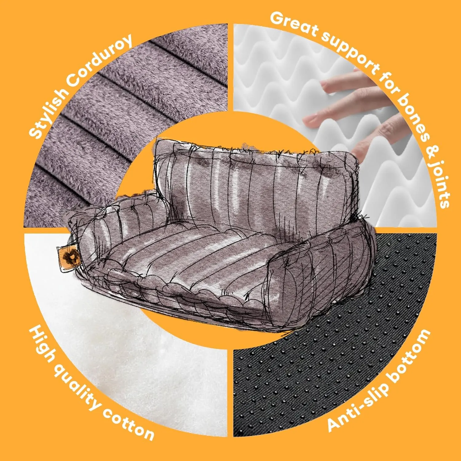 FUNNY FUZZY Dog Bed for Medium Large Dogs - Orthopedic Dog Sofa with Removable Washable Cover and Anti-Slip Bottom, Supportive Foam Pet Couch Bed (Dark Grey, XXL)